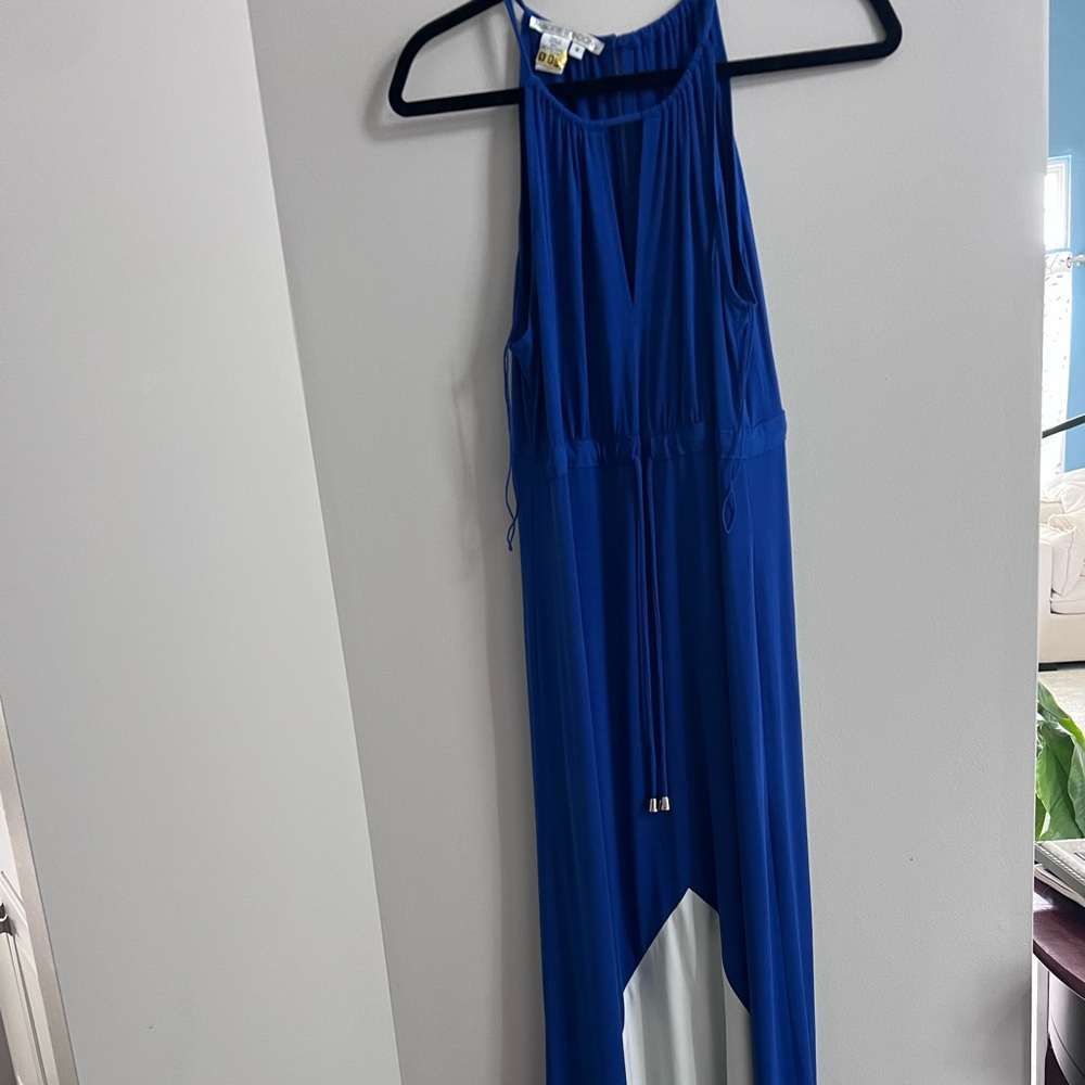 Maggy London Blue Asymmetrical Maxi Dress Halter Neckline, Size 8